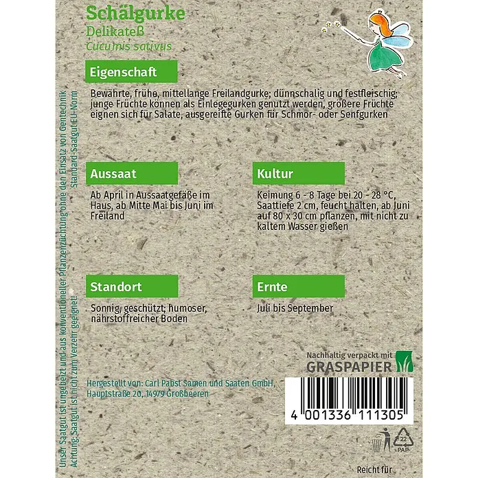 Grüne Fee Gemüsesamen Gurke - Cucumis sativus L., Erntezeit: Juli - Grünes und hellbraunes Samenpäckchen für Schälgurke Delikateß aus Graspapier, mit Pflanzanleitung und Barcode.