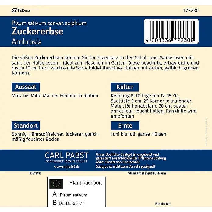 Pabst Keimkraft Gemüsesamen Zuckererbse - Pisum sativum subsp. sativum, Erntezeit: Juni - Samentüte für Zuckererbse Ambrosia (Pisum sativum convar. axiphium) mit Anbaudetails, Barcode und Pflanzenpass.