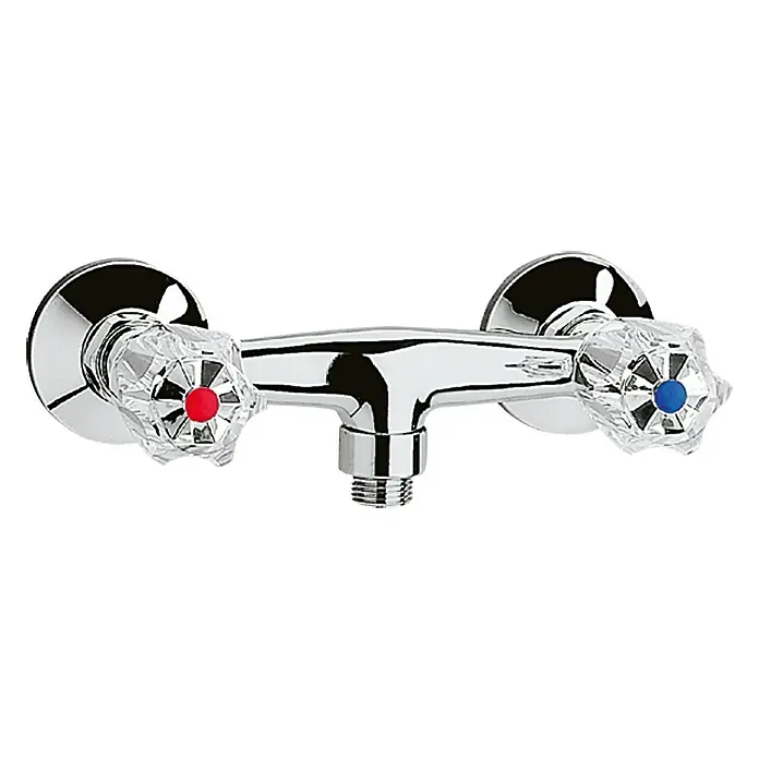 Mixomat Brillant Grifo de ducha - Cromo, Resplandeciente - Grifo cromado de pared con manijas de cristal, rojo para agua caliente y azul para agua fría, un elegante accesorio de baño.
