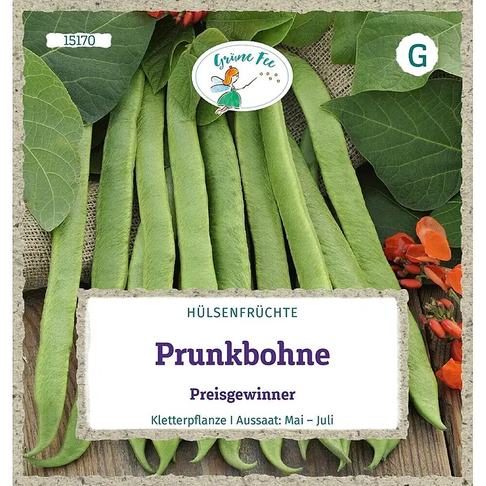Grüne Fee Gemüsesamen Prunkbohne - Phaseolus coccineus L., Erntezeit: Juli - Frische grüne Prunkbohnen-Schoten und Blätter mit roten Blüten, für eine Saatgutpackung von Kletterbohnen.