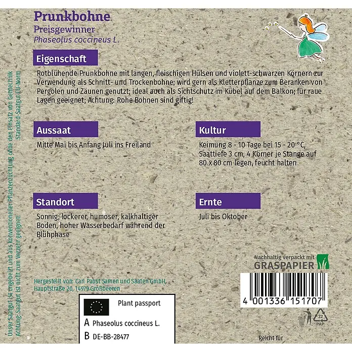 Grüne Fee Gemüsesamen Prunkbohne - Phaseolus coccineus L., Erntezeit: Juli - Samenpäckchen für Prunkbohnen, braunes Papier mit grünen und lila Textfeldern, Informationen zur Aussaat und Pflege.