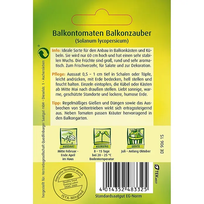 Quedlinburger SAATGUT Gemüsesamen Balkontomate - Solanum lycopersicum, Erntezeit: Juli - Grünes und weißes Samentütchen für 'Balkonzauber' Balkontomaten mit Anbauanleitung, Kultivierungstipps und Zertifizierungen.