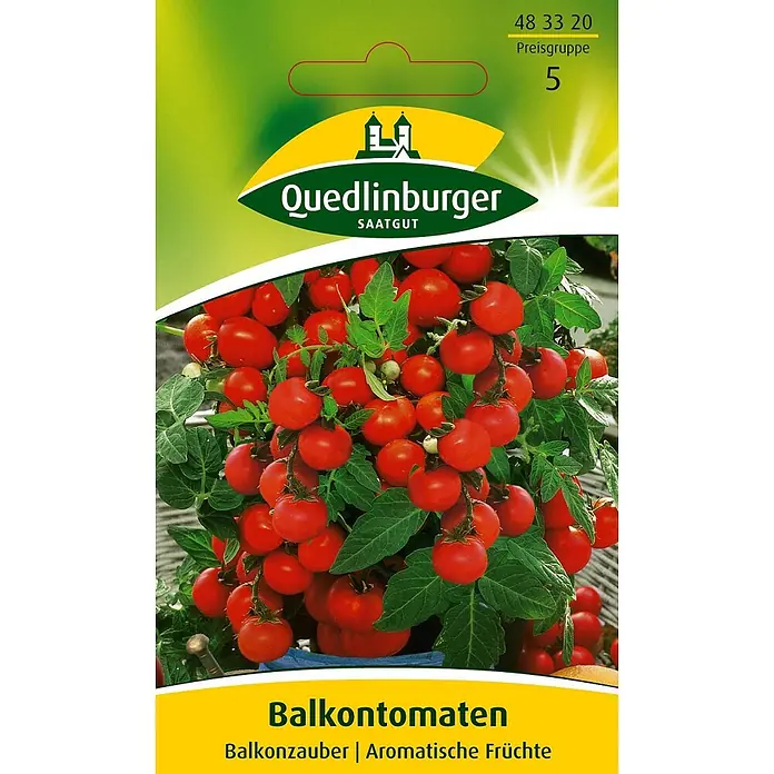 Quedlinburger SAATGUT Gemüsesamen Balkontomate - Solanum lycopersicum, Erntezeit: Juli - Quedlinburger Saatgutpackung für Balkontomaten, mit einer Pflanze voller roter Kirschtomaten.