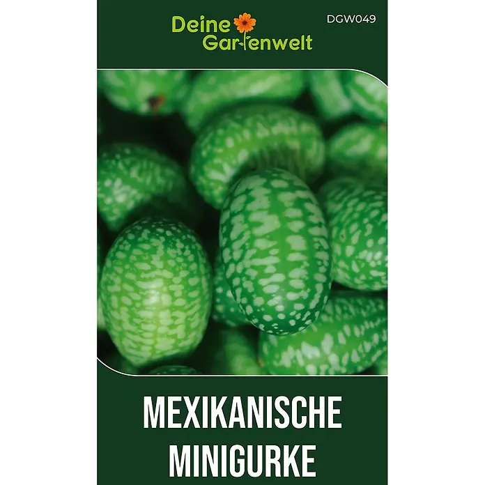 Deine Gartenwelt Mexikanische Minigurke -  - Samenpäckchen für Mexikanische Minigurken, grün mit Abbildung gesprenkelter Gurken.