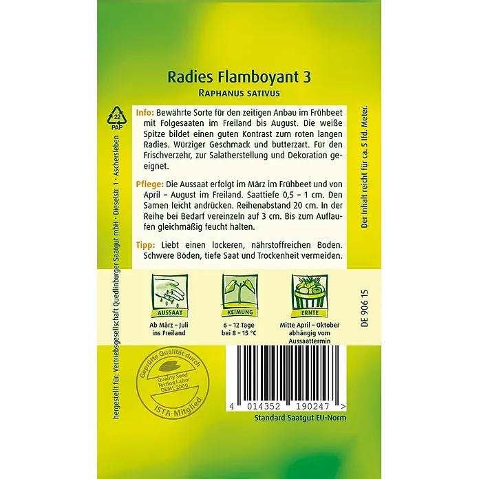 Quedlinburger SAATGUT Gemüsesamen Radieschen - Raphanus sativus L. var. sativus, Erntezeit: April - Grünes und gelbes Samenpäckchen für Radies Flamboyant 3 mit Anbauanweisungen und Barcode.