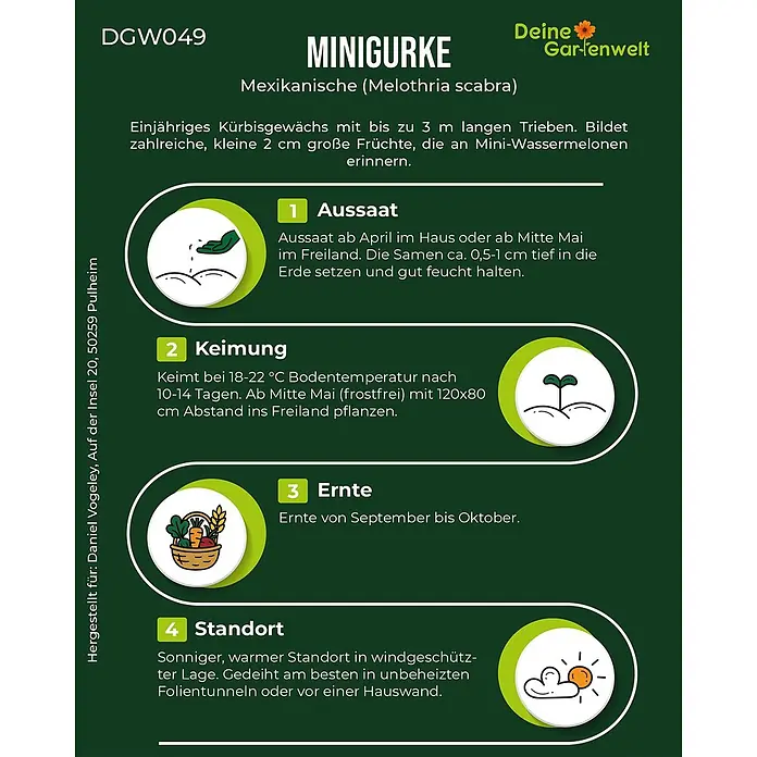 Deine Gartenwelt Mexikanische Minigurke -  - Grüne Informationskarte für Mexikanische Minigurken (Melothria scabra) Samen mit Pflanzanleitung und illustrierten Symbolen.