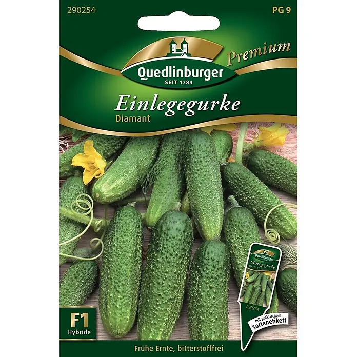 Quedlinburger SAATGUT Einlegegurken Diamant -  - Samentüte für Quedlinburger 'Diamant' F1-Hybrid Einlegegurken, zeigt grüne Gurken und gelbe Blüten.