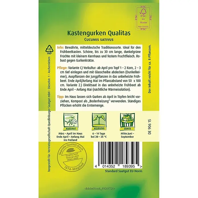 Quedlinburger SAATGUT Gemüsesamen Gurke - Cucumis sativus, Erntezeit: Juni - Samenpackung für "Kastengurken Qualitas" Gurkensamen mit Pflanzanleitung, Qualitätssiegeln und Barcode.