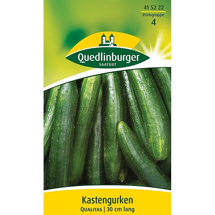 Quedlinburger SAATGUT Gemüsesamen Gurke - Cucumis sativus, Erntezeit: Juni - Quedlinburger Samenpackung für Kastengurken, mit frischen Gurken und der Angabe „30 cm lang“.