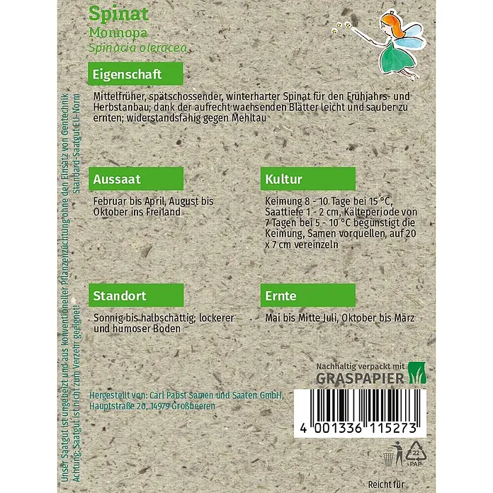 Grüne Fee Spinat Monnopa -  - Spinat-Saatgutpackung der Sorte 'Monnopa' aus Graspapier, mit Pflanzanleitung und Feen-Illustration.