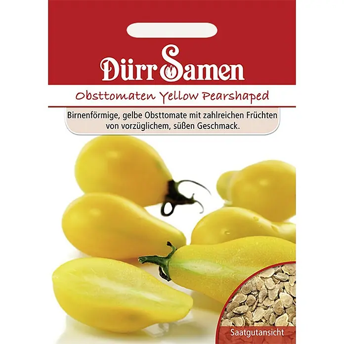Dürr Samen Gemüsesamen Tomate - Lycopersicon l., Erntezeit: Juli - Samentüte Dürr Samen Gelbe Birnentomaten, zeigt gelbe birnenförmige Tomaten und eine Nahaufnahme der Samen.