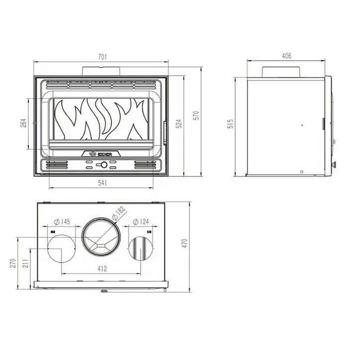 Insert Tracia - L x An x Al: 47 x 70 x 57 cm, 9,3 kW, 230 m³, Antracita - Dibujo técnico de un inserto de chimenea rectangular, con vistas frontal, lateral e inferior y cotas.