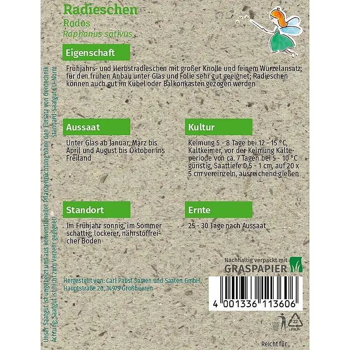Grüne Fee Gemüsesamen Radieschen - Raphanus sativus var. sativus, Erntezeit: April - Radieschen 'Rodos' Samenpäckchen aus Graspapier mit Pflanzanleitung, Barcode und Fee-Illustration.