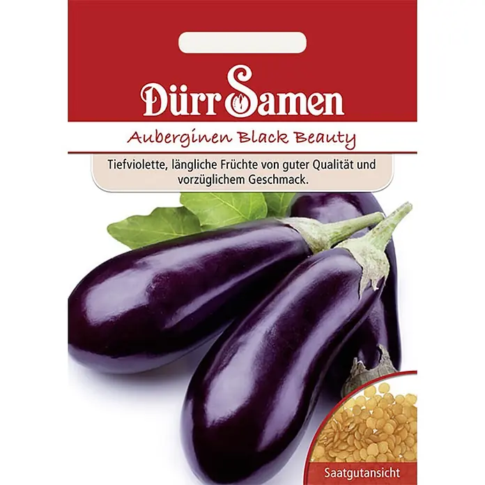 Dürr Samen Auberginen Black Beauty -  - Dürr Samen Auberginen 'Black Beauty' Saatgutpackung mit dunkelvioletten Auberginen und gelben Samen.