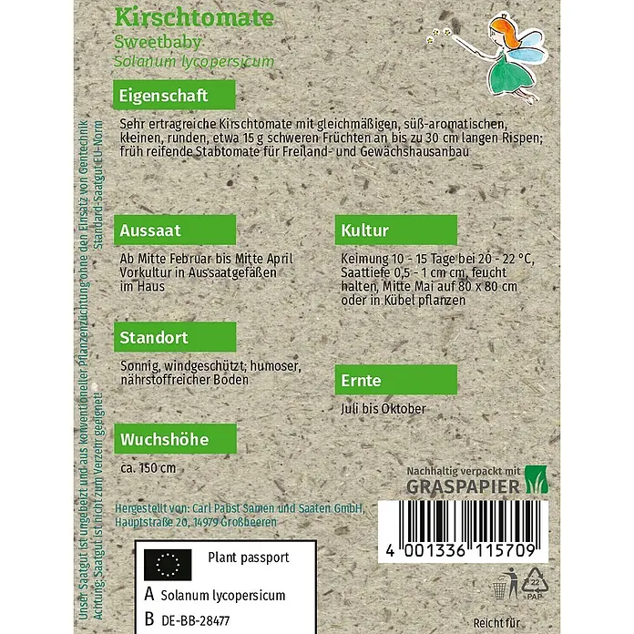 Grüne Fee Gemüsesamen Kirschtomate - Solanum lycopersicum L., Erntezeit: Juli - Samenpäckchen für 'Sweetbaby' Kirschtomaten, mit Sortenname, Pflanzendetails und Aussaatanleitung, auf Graspapier.