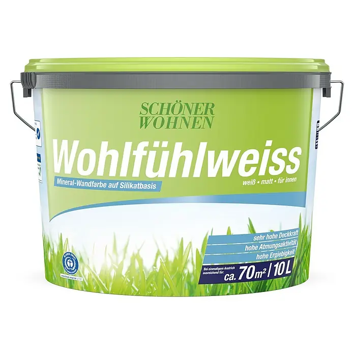 SCHÖNER WOHNEN-Farbe Wandfarbe Wohlfühlweiß - Weiß, Matt, 10 l, Abtönbar - Grüner und grauer Farbeimer mit weiß-grünem Etikett für 'Wohlfühlweiss' Mineral-Wandfarbe, 10L, ausreichend für ca. 70m².