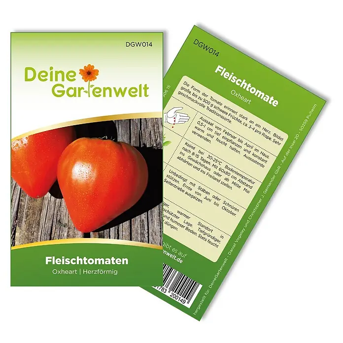 Deine Gartenwelt Gemüsesamen Fleischtomate - Solanum lycopersicum, Erntezeit: Juni - Grüner und weißer Samenbeutel für Ochsenherz-Fleischtomaten, zeigt zwei rote, herzförmige Tomaten. Enthält Pflanzanweisungen.