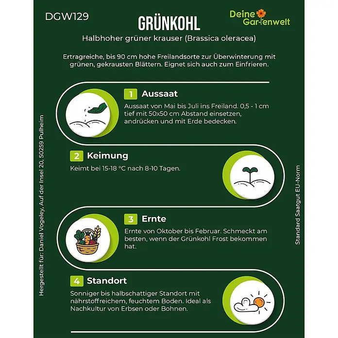 Deine Gartenwelt Grünkohl Halbhoher grüner Krauser -  - Illustrierte Anleitung zum Grünkohlanbau mit Details zu Aussaat, Keimung, Ernte und Standort, ergänzt durch Texte und Symbole.
