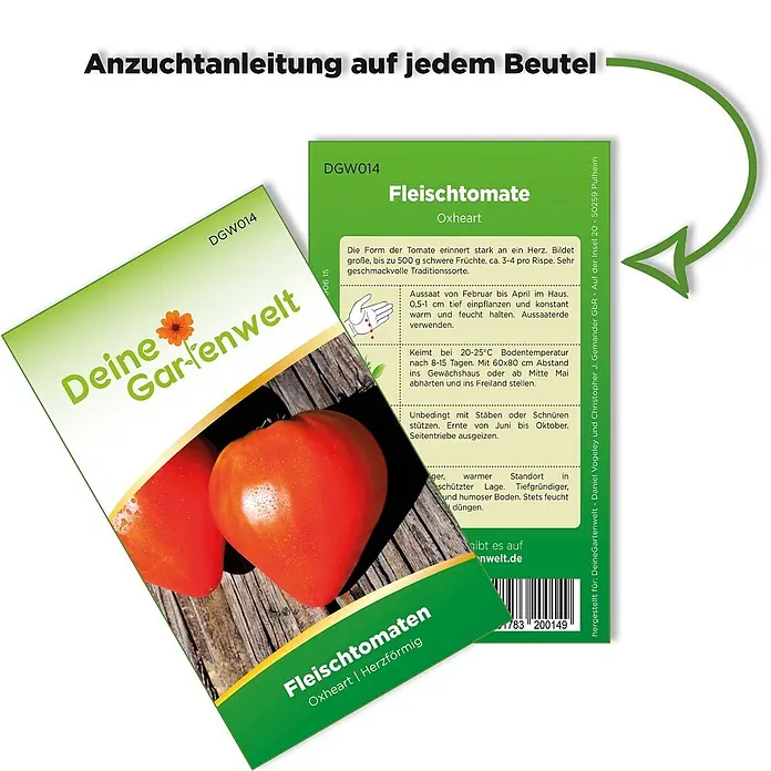 Deine Gartenwelt Gemüsesamen Fleischtomate - Solanum lycopersicum, Erntezeit: Juni - Samentüte für Fleischtomate 'Oxheart' mit Pflanzanleitung und Bild der Tomaten.