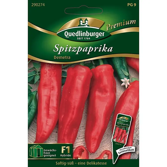 Quedlinburger SAATGUT Gemüsesamen Paprika - Capsicum annuum, Erntezeit: Juli - Samenpackung für rote Spitzpaprika, F1 Hybride. Abgebildet sind saftig-süße Schoten.