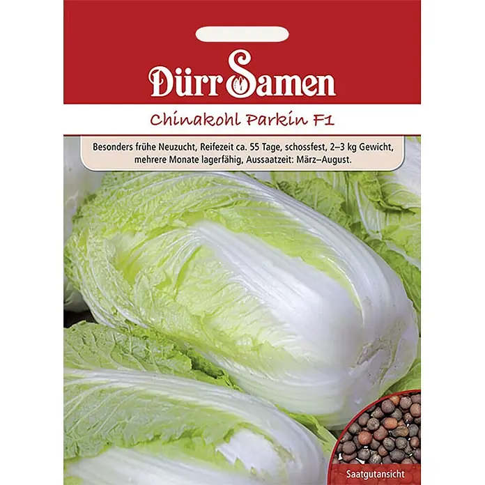 Dürr Samen Gemüsesamen Chinakohl - Brassica rapa, Erntezeit: Juni - Samentüte für Chinakohl 'Parkin F1' von Dürr Samen. Zeigt frischen Chinakohl, Samenansicht und Produktinformationen.