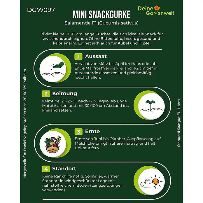 Deine Gartenwelt Mini-Snackgurke Salamanda F1 -  - Deutsches Etikett für Mini Snackgurke Salamanda F1 mit Anleitungen zur Aussaat, Keimung, Ernte und zum Standort.