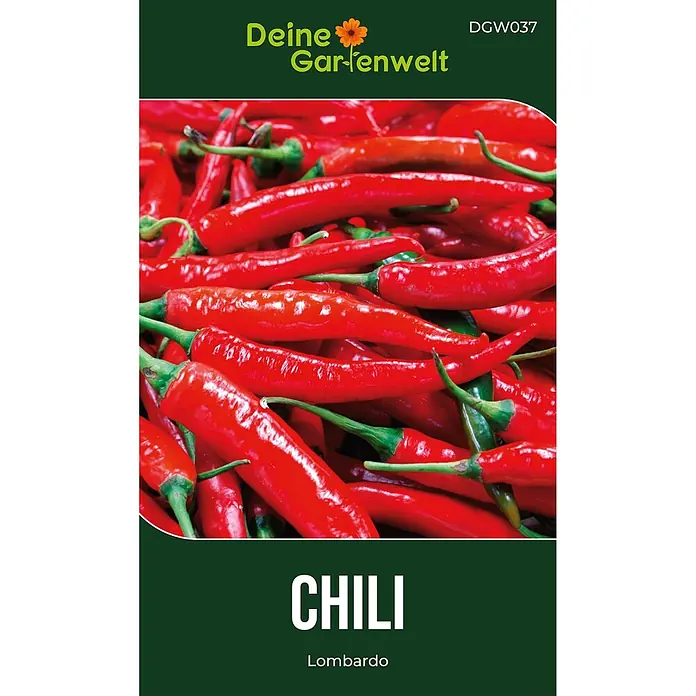 Deine Gartenwelt Chili Lombardo -  - Samentüte für 'Lombardo' Chili, mit Nahaufnahme von leuchtend roten Chilischoten.