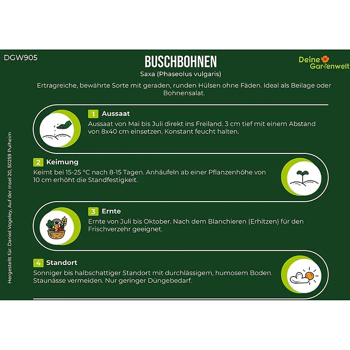 Deine Gartenwelt Buschbohne Saxa -  - Grüne Informationskarte für Buschbohnen mit Anleitungen zu Aussaat, Keimung, Ernte und Standort.