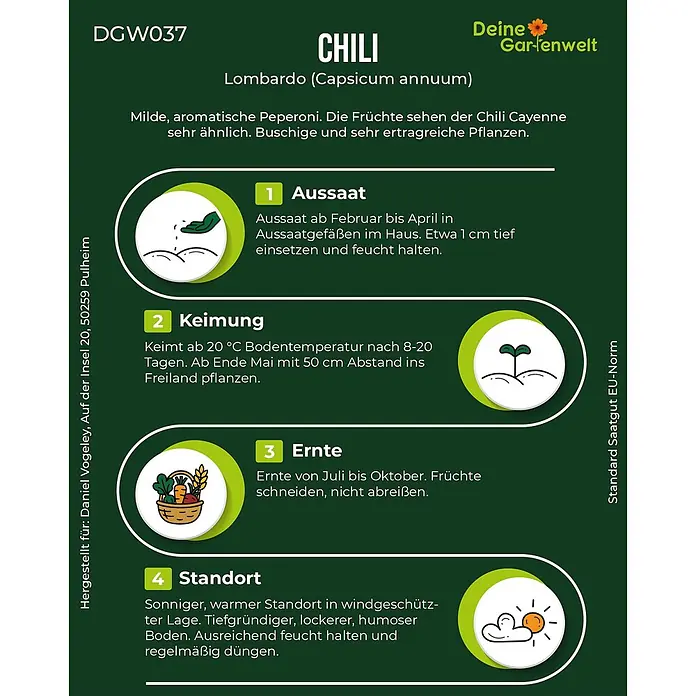 Deine Gartenwelt Chili Lombardo -  - Pflanzanleitung für Chili Lombardo mit Anweisungen zur Aussaat, Keimung, Ernte und Standort, illustriert mit Symbolen.