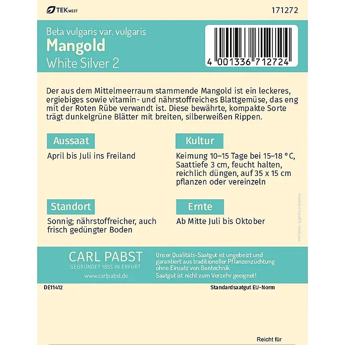 Pabst Keimkraft Gemüsesamen Mangold - Beta vulgaris var. vulgaris, Erntezeit: Juli - Samentüte für Mangold White Silver 2 mit Produktinformationen und Barcode.
