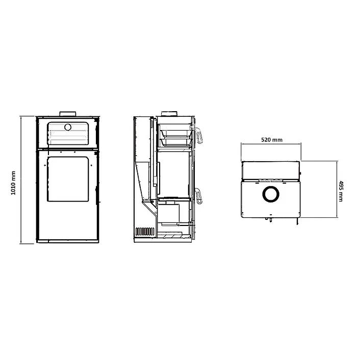 Estufa de leña y pellets con horno Lucerna - 8,1 kW - 10,45 kW, Volumen de calefacción: 300 m³, Antracita - Dibujo técnico de un aparato de calefacción (vistas frontal, lateral, superior) con dimensiones: H 1010mm, An 520mm, P 495mm.