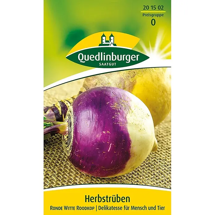Quedlinburger SAATGUT Gemüsesamen Herbstrübe - Brassica rapa, Erntezeit: September - Quedlinburger Herbstrüben-Saatgutpackung mit lila-weißen und gelben Rüben.