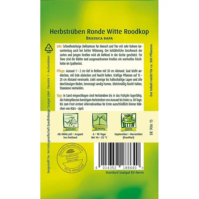 Quedlinburger SAATGUT Gemüsesamen Herbstrübe - Brassica rapa, Erntezeit: September - Gelb-grüne Samentüte für "Herbstrüben Ronde Witte Roodkop", mit Pflanzinformationen und Barcode.