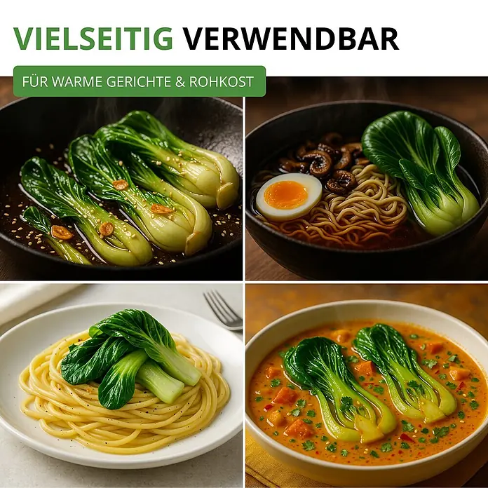 Deine Gartenwelt Pak Choi -  - Frischer grüner Pak Choi in einer Collage vielfältiger Gerichte: gebraten, in Ramen, mit Spaghetti und in einer cremigen Suppe, die seine vielseitige Verwendbarkeit zeigt.