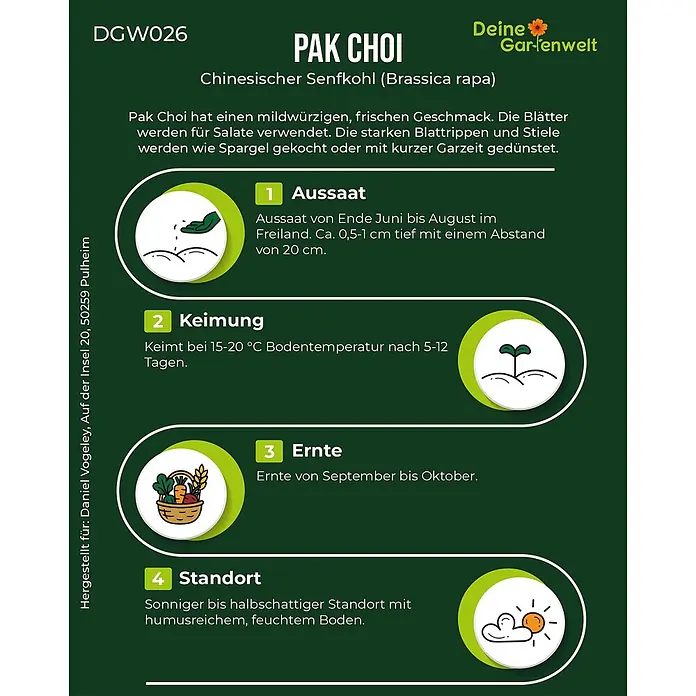 Deine Gartenwelt Pak Choi -  - Eine Infografik zur Pak Choi-Anzucht, mit Details zu Aussaat, Keimung, Erntezeiten und idealen Wachstumsbedingungen, Text und Symbolen.