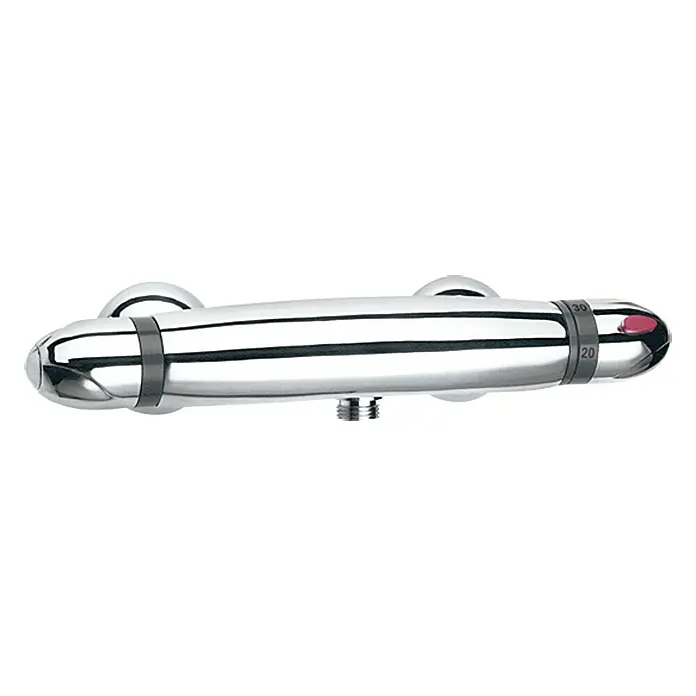 Camargue Calios Thermostatarmatur - Breite: 309 mm, Chrom, Glänzend - Nahaufnahme einer glänzenden, horizontal montierten Thermostat-Brausearmatur mit Temperaturanzeige.
