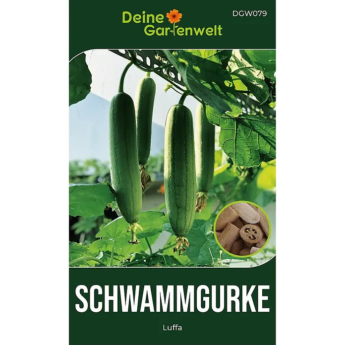 Deine Gartenwelt Schwammgurke Luffa -  - Samenpäckchen für Luffa (Schwammgurke), zeigt grüne Früchte an Ranke und einen Einsatz getrockneter Luffa-Schwämme.