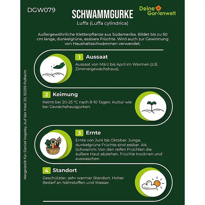 Deine Gartenwelt Schwammgurke Luffa -  - Informationsgrafik zum Anbau von Luffa (Schwammgurke) mit Schritten zur Aussaat, Keimung, Ernte und Standort.