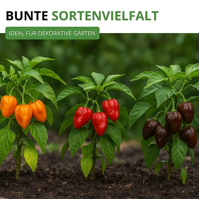 Deine Gartenwelt Chilli Habanero Mix -  - Drei bunte Paprikapflanzen im Boden: orange, rote und dunkelbraune Schoten mit grünen Blättern, ideal für Ziergärten.