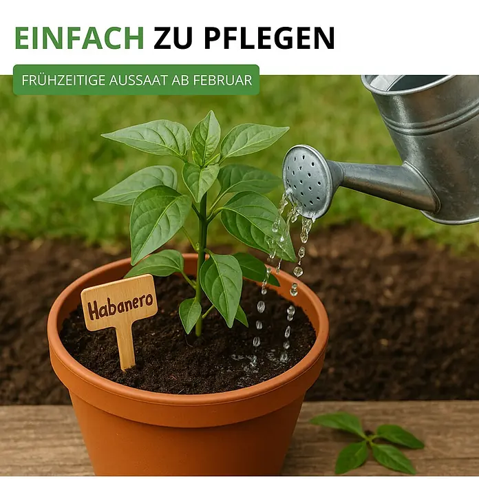 Deine Gartenwelt Chilli Habanero Mix -  - Eine kleine grüne Habanero-Pflanze in einem Terrakotta-Topf mit einem Holzschild "Habanero" wird mit einer verzinkten Metallgießkanne bewässert.