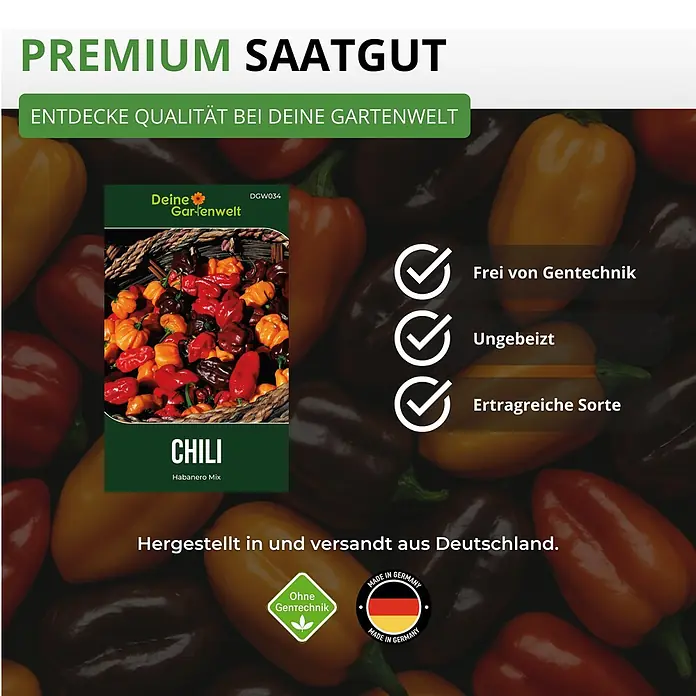 Deine Gartenwelt Chilli Habanero Mix -  - Chili Habanero Mix Saatgutpaket von Deine Gartenwelt, betont Premium, gentechnikfrei, ertragreich, Made in Germany. Hintergrund mit bunten Paprika.