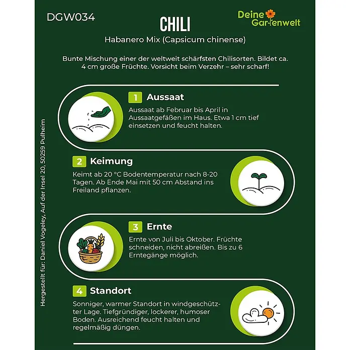 Deine Gartenwelt Chilli Habanero Mix -  - Dunkelgrüne Informationskarte für Habanero-Chilisamen mit weißem Text und Symbolen für Aussaat, Keimung, Ernte und Standort.