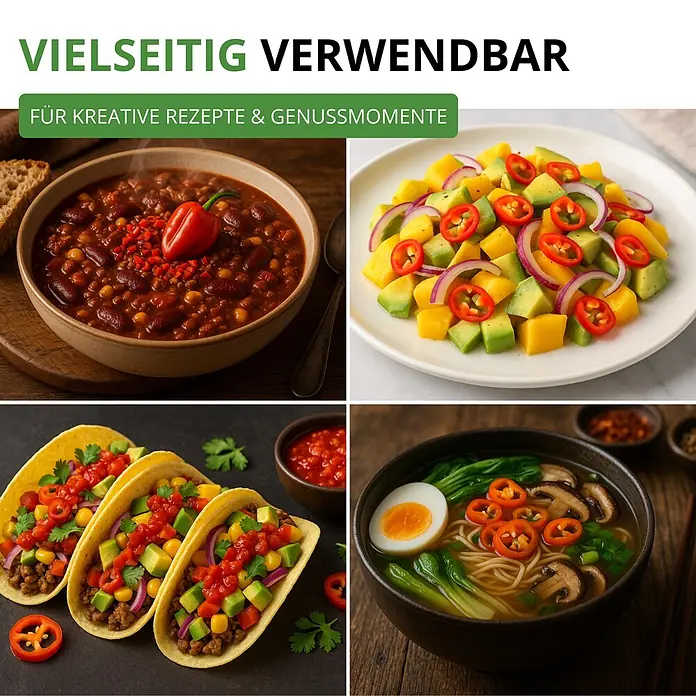 Deine Gartenwelt Chilli Habanero Mix -  - Vier leuchtende Gerichte zeigen die vielseitige Verwendung von roten Chilischoten in Chili, Salat, Tacos und Ramen.