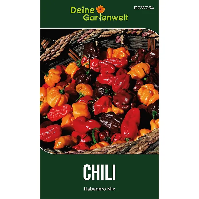 Deine Gartenwelt Chilli Habanero Mix -  - Saatgutpackung für 'Habanero Mix' Chilischoten, mit einem Korb voller farbiger roter, oranger und brauner Chilis.