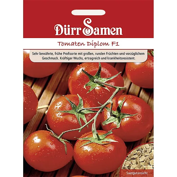 Dürr Samen Gemüsesamen Tomate - Lycopersicon lycopersicum, Erntezeit: Juli - Dürr Samen Tomaten Diplom F1 Samenverpackung mit frischen roten Tomaten und Saatgutansicht.
