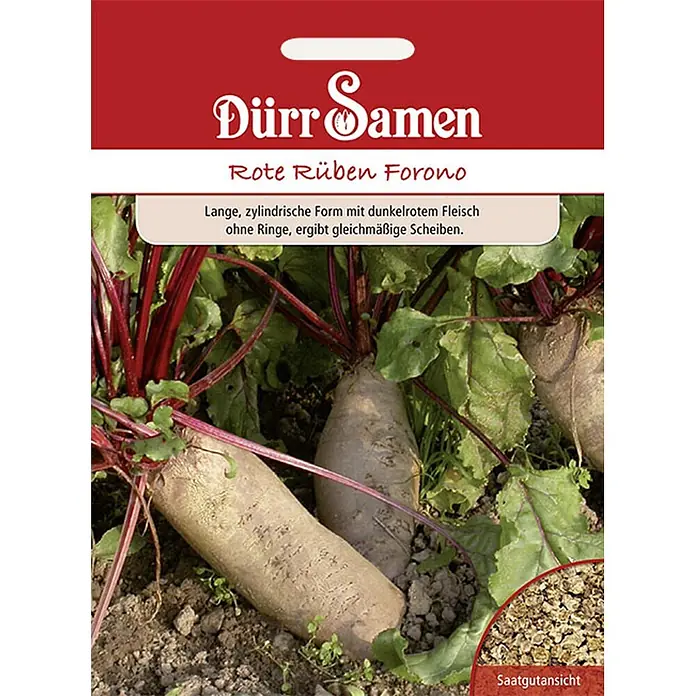 Dürr Samen Gemüsesamen Rote Bete - Beta vulgaris, Erntezeit: April - Dürr Samen Saatgutpackung für Rote Rüben Forono, zeigt zylindrische Wurzeln und eine Nahaufnahme der Samen.
