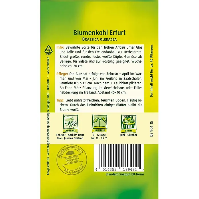 Quedlinburger SAATGUT Blumenkohl Erfurt -  - Samenpäckchen für Blumenkohl Erfurt mit Sorteninformationen, Pflanzanleitung und Barcode.