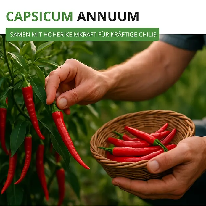 Deine Gartenwelt Chili De Cayenne -  - Hand erntet leuchtend rote Chilis von der Pflanze in einen Weidenkorb.
