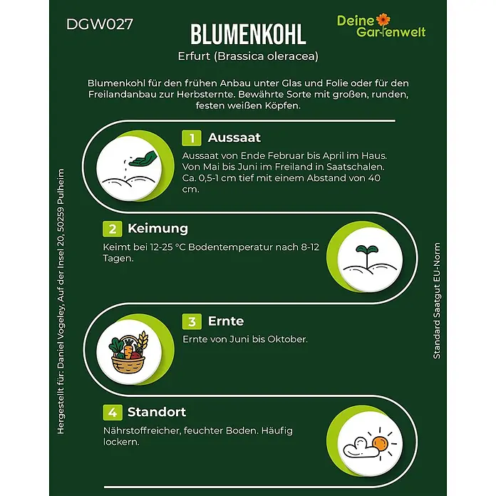 Deine Gartenwelt Blumenkohl Erfurt -  - Eine Blumenkohl-Anbauanleitung 'Erfurt' mit Schritten für Aussaat, Keimung, Ernte und Standort.