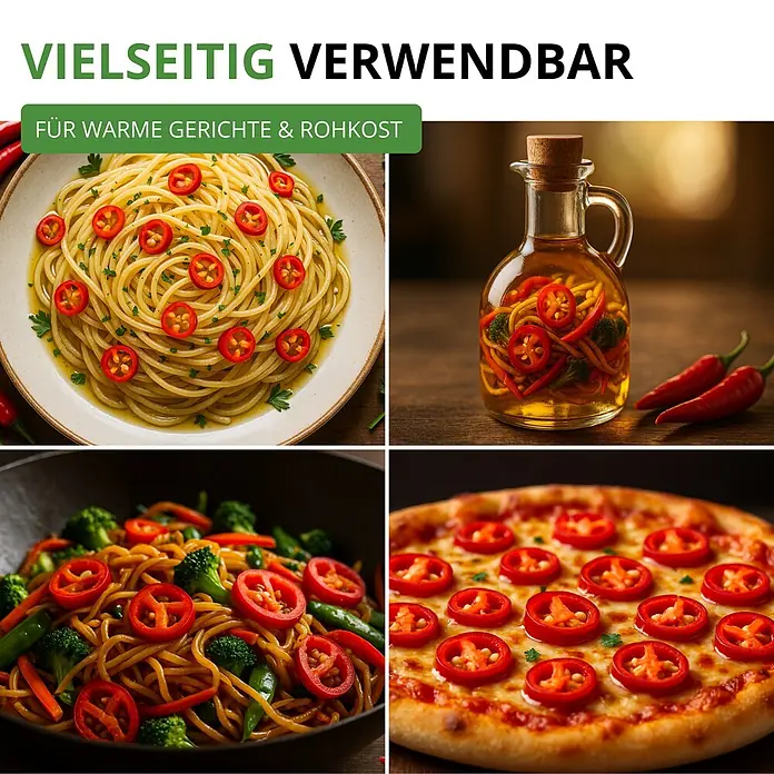 Deine Gartenwelt Chili De Cayenne -  - Verschiedene Gerichte und Chiliöl zeigen die vielseitige Anwendung von Chilischoten in warmen Speisen und Rohkost.